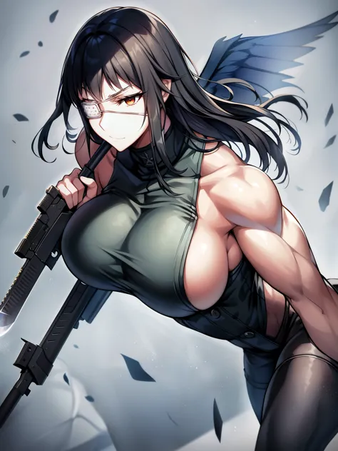 Jormungand、１people、solo、sophia velmer、フィンランドpeople、軍peopleの家系、Major、right eye patch、From his left shoulder to his shoulder blade, he has a tattoo of wings and a hand holding a knife.、（（（Muscular big-breasted mature woman ready for battle）））+++、（（（Muscular ...