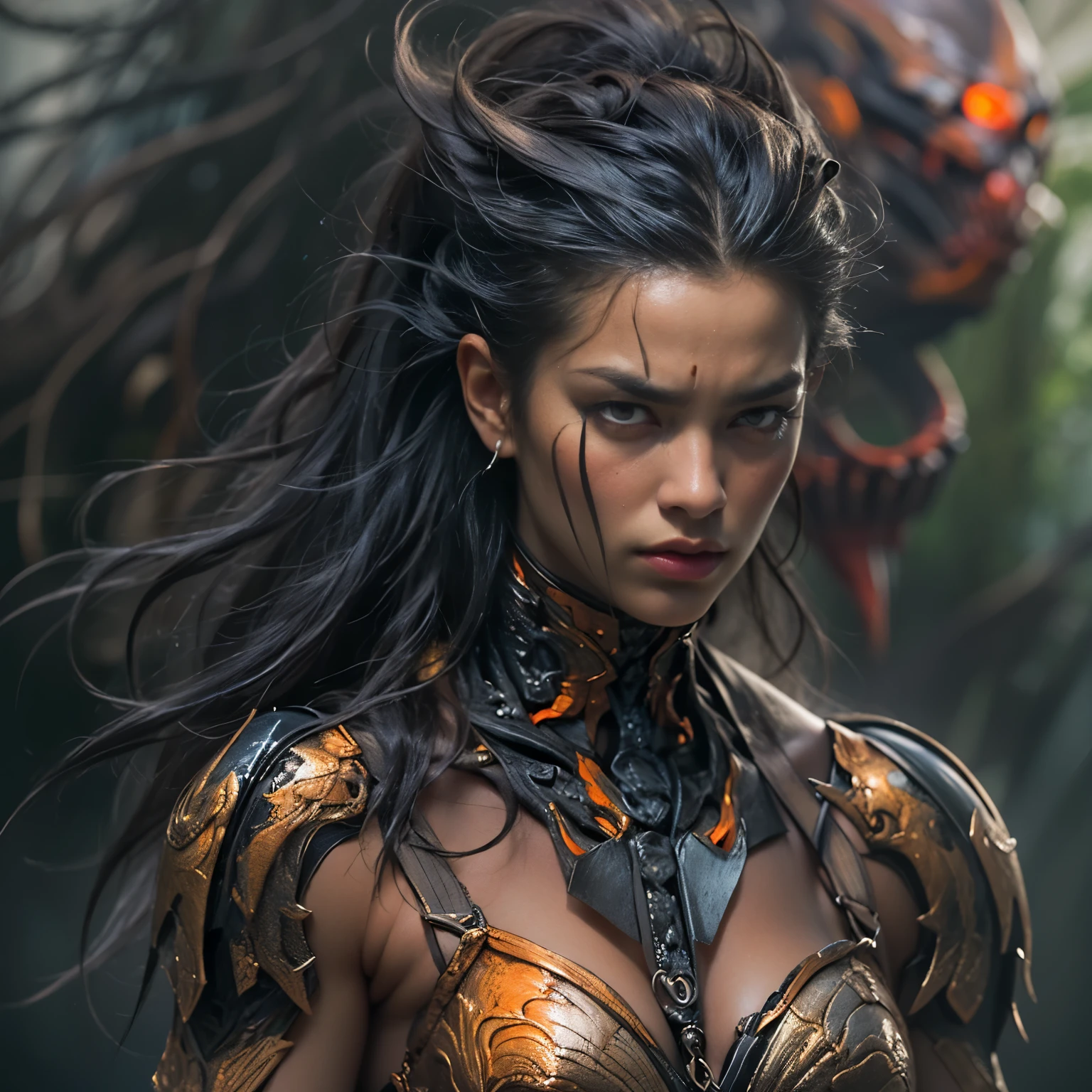 1 female alien, The predator, (extremely beautiful:1.2), (intense gaze:1.4), (predator:1.1), long dark claws, (NSFW:1), nipples, thick eyebrows, (She has shining orange eyes:1.2), the most beautiful face in the universe, jet black hair, symmetrical beautiful eyes, hyper detailed eyes,

A woman predator with an extremely beautiful face, her intense gaze fixed on her prey, a primal force that could not be denied.

(beautiful lean body:1.5), (muscular build:1.2), (prowling:1.3), (sleek movements:1.4)

Her beautiful body, muscular and toned, moved with sleek grace as she prowled, ready to strike at a moment's notice. The predator within her was always on,                                                                          
                                                                                                                                                               
 cinematic drawing of characters, ultra high quality model, cinematic quality, detail up, (Intricate details:1.2), High resolution, High Definition, drawing faithfully, Official art, Unity 8K wall , 8K Portrait, Best Quality, Very High resolution, ultra detailed artistic photography,