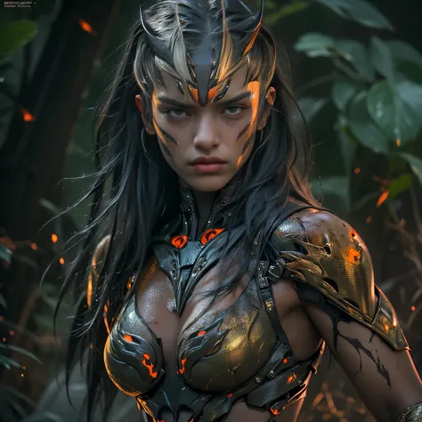 1 female alien, The predator, (extremely beautiful:1.2), (intense gaze:1.4), (predator:1.1), long dark claws, (NSFW:1), nipples,...