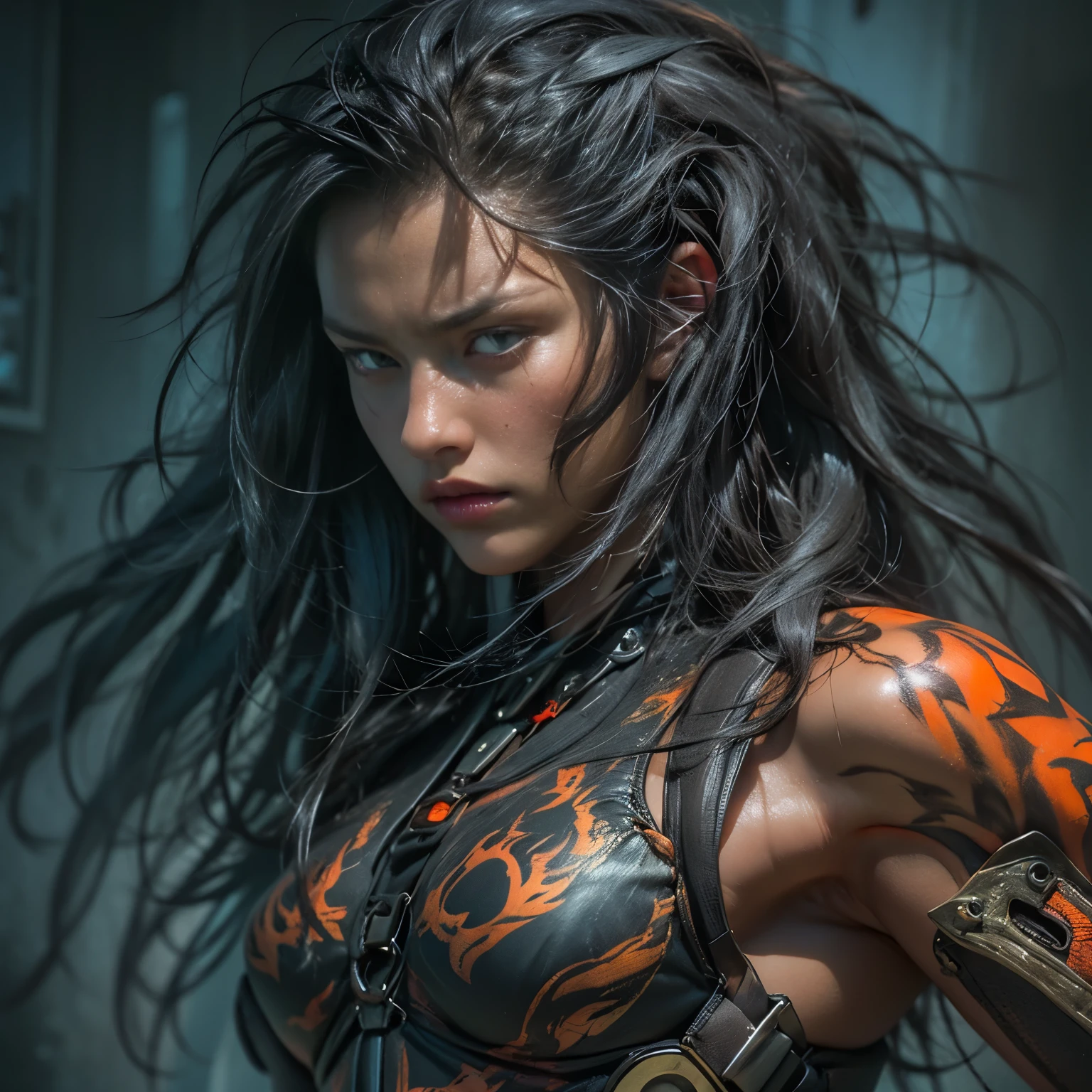 1 female alien, The predator, (extremely beautiful:1.2), (intense gaze:1.4), (predator:1.1), long dark claws, (NSFW:1), nipples, thick eyebrows, (She has shining orange eyes:1.2), the most beautiful face in the universe, jet black hair, symmetrical beautiful eyes, hyper detailed eyes,

A woman predator with an extremely beautiful face, her intense gaze fixed on her prey, a primal force that could not be denied.

(beautiful lean body:1.5), (muscular build:1.2), (prowling:1.3), (sleek movements:1.4)

Her beautiful body, muscular and toned, moved with sleek grace as she prowled, ready to strike at a moment's notice. The predator within her was always on,                                                                          
                                                                                                                                                               
 cinematic drawing of characters, ultra high quality model, cinematic quality, detail up, (Intricate details:1.2), High resolution, High Definition, drawing faithfully, Official art, Unity 8K wall , 8K Portrait, Best Quality, Very High resolution, ultra detailed artistic photography,