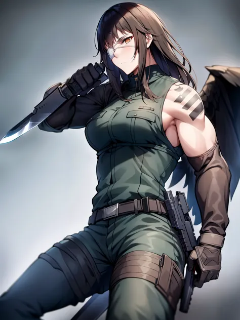Jormungand、battlefield、１people、solo、sophia velmer、フィンランドpeople、軍peopleの家系、Major、black net、right eye patch、From his left shoulder to his shoulder blade, he has a tattoo of wings and a hand holding a knife.、（（（Muscular big-breasted mature woman ready for bat...