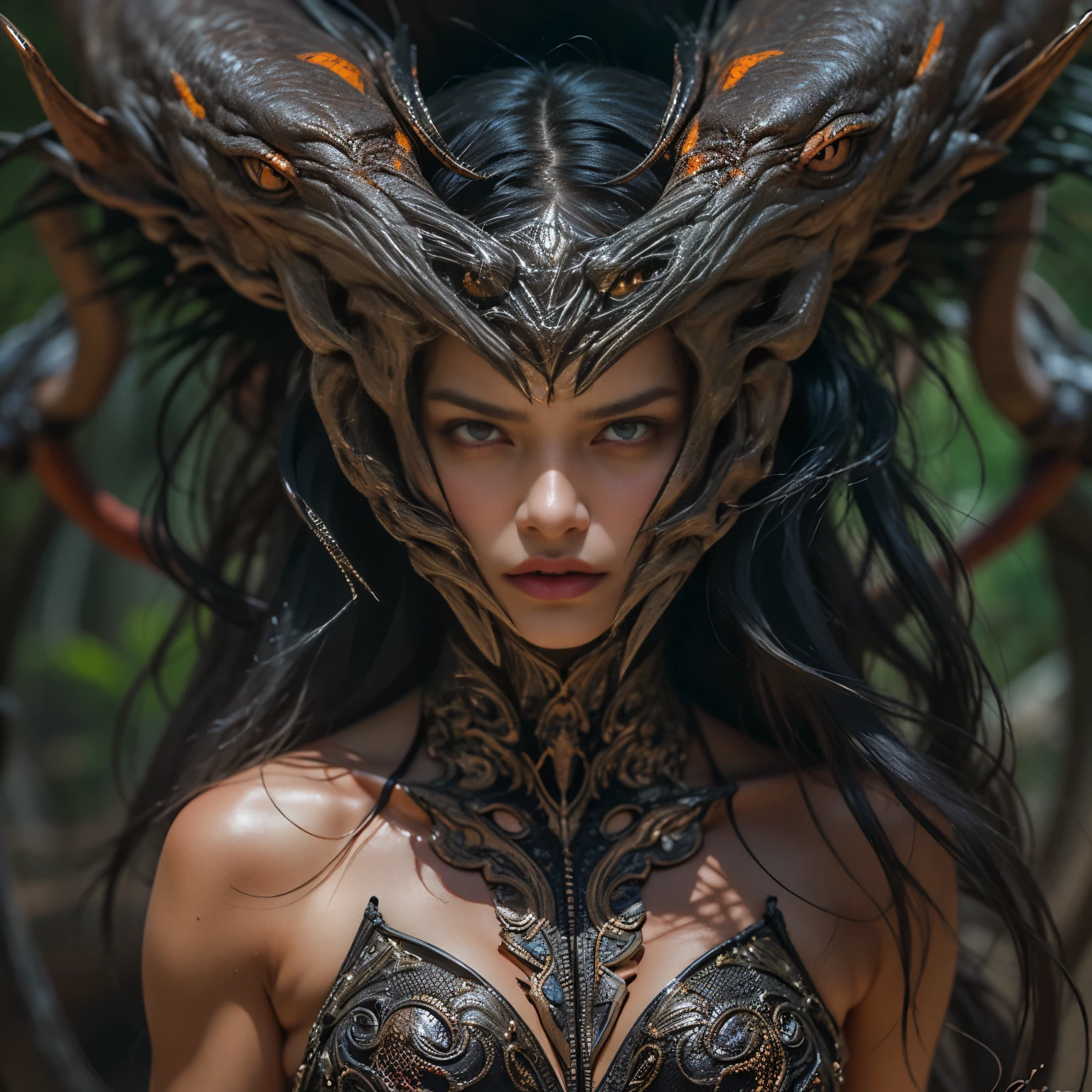 1 female alien, The predator, (extremely beautiful:1.2), (intense gaze:1.4), (predator:1.1), long dark claws, (NSFW:1), nipples, thick eyebrows, (She has shining Amber orange eyes:1.2), the most beautiful face in the universe, jet black hair, symmetrical beautiful eyes, hyper detailed eyes,

A woman predator with an extremely beautiful face, her intense gaze fixed on her prey, a primal force that could not be denied.

(beautiful lean body:1.5), (muscular build:1.2), (prowling:1.3), (sleek movements:1.4)

Her beautiful body, muscular and toned, moved with sleek grace as she prowled, ready to strike at a moment's notice. The predator within her was always on,                                                                          
                                                                                                                                                               
 cinematic drawing of characters, ultra high quality model, cinematic quality, detail up, (Intricate details:1.2), High resolution, High Definition, drawing faithfully, Official art, Unity 8K wall , 8K Portrait, Best Quality, Very High resolution, ultra detailed artistic photography,