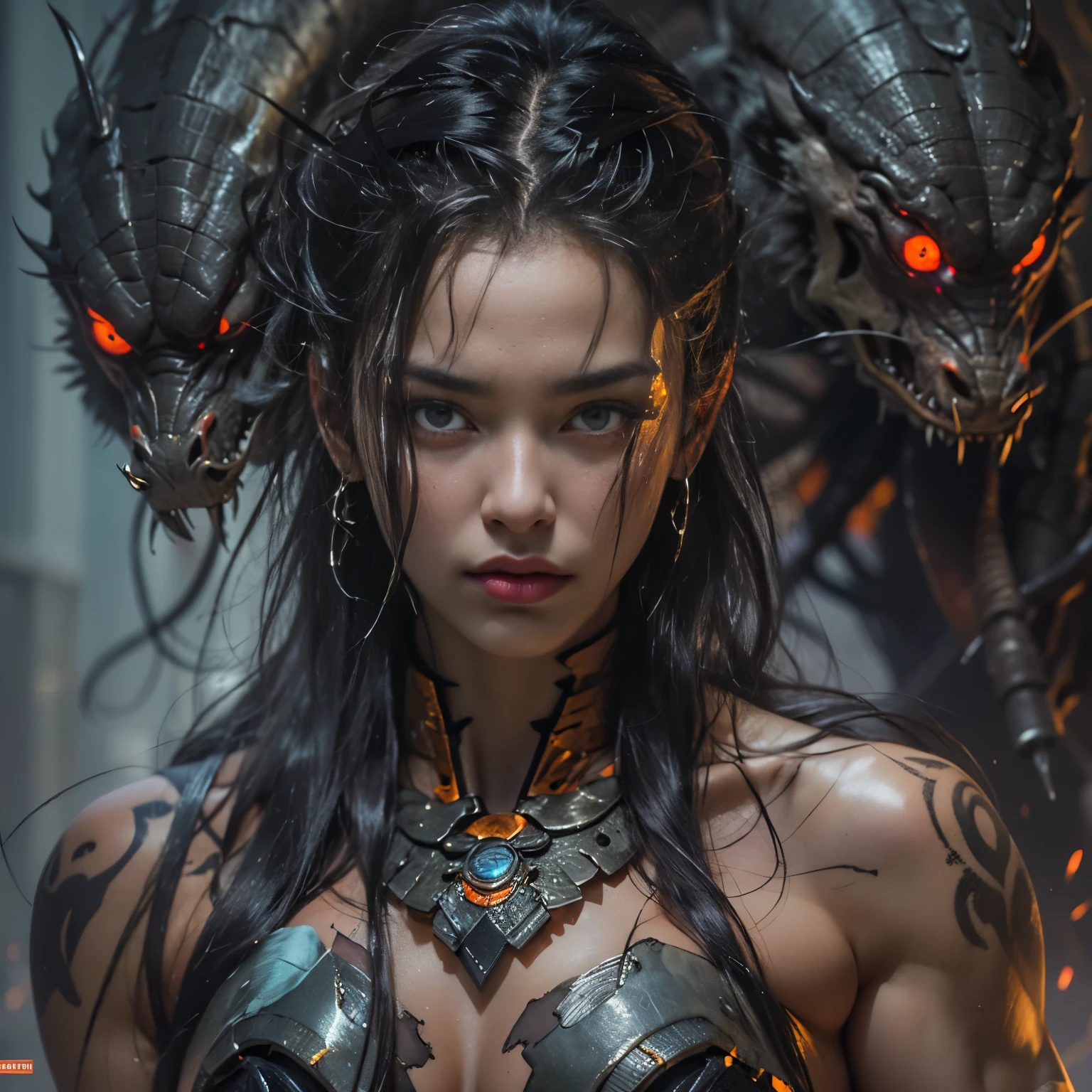 1 female alien, The predator, (extremely beautiful:1.2), (intense gaze:1.4), (predator:1.1), long dark claws, (NSFW:1), nipples, thick eyebrows, (She has shining Amber orange eyes:1.2), the most beautiful face in the universe, jet black hair, symmetrical beautiful eyes, hyper detailed eyes,

A woman predator with an extremely beautiful face, her intense gaze fixed on her prey, a primal force that could not be denied.

(beautiful lean body:1.5), (muscular build:1.2), (prowling:1.3), (sleek movements:1.4)

Her beautiful body, muscular and toned, moved with sleek grace as she prowled, ready to strike at a moment's notice. The predator within her was always on,                                                                          
                                                                                                                                                               
 cinematic drawing of characters, ultra high quality model, cinematic quality, detail up, (Intricate details:1.2), High resolution, High Definition, drawing faithfully, Official art, Unity 8K wall , 8K Portrait, Best Quality, Very High resolution, ultra detailed artistic photography,