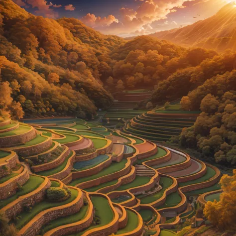 (La best quality,high resolution,super detailed,actual),knitted rice fields，Sunset，warm tones（（A masterpiece full of fantasy ele...