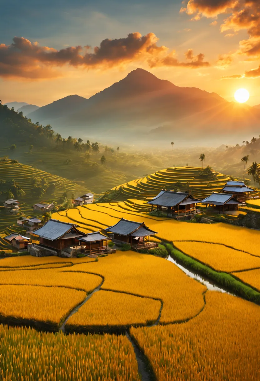 ripe golden paddy at house terrace overlooks a rice paddy field with view of the mountain, mesmerizing rice paddy landscape bath...