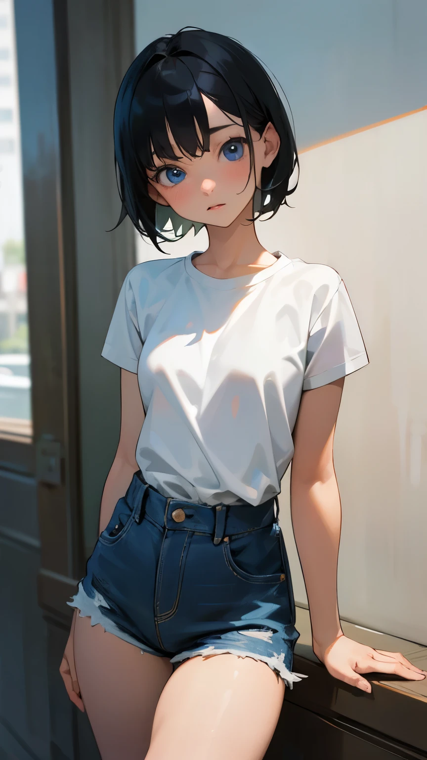 Anime girl with short black hair and blue eyes leaning against a wall