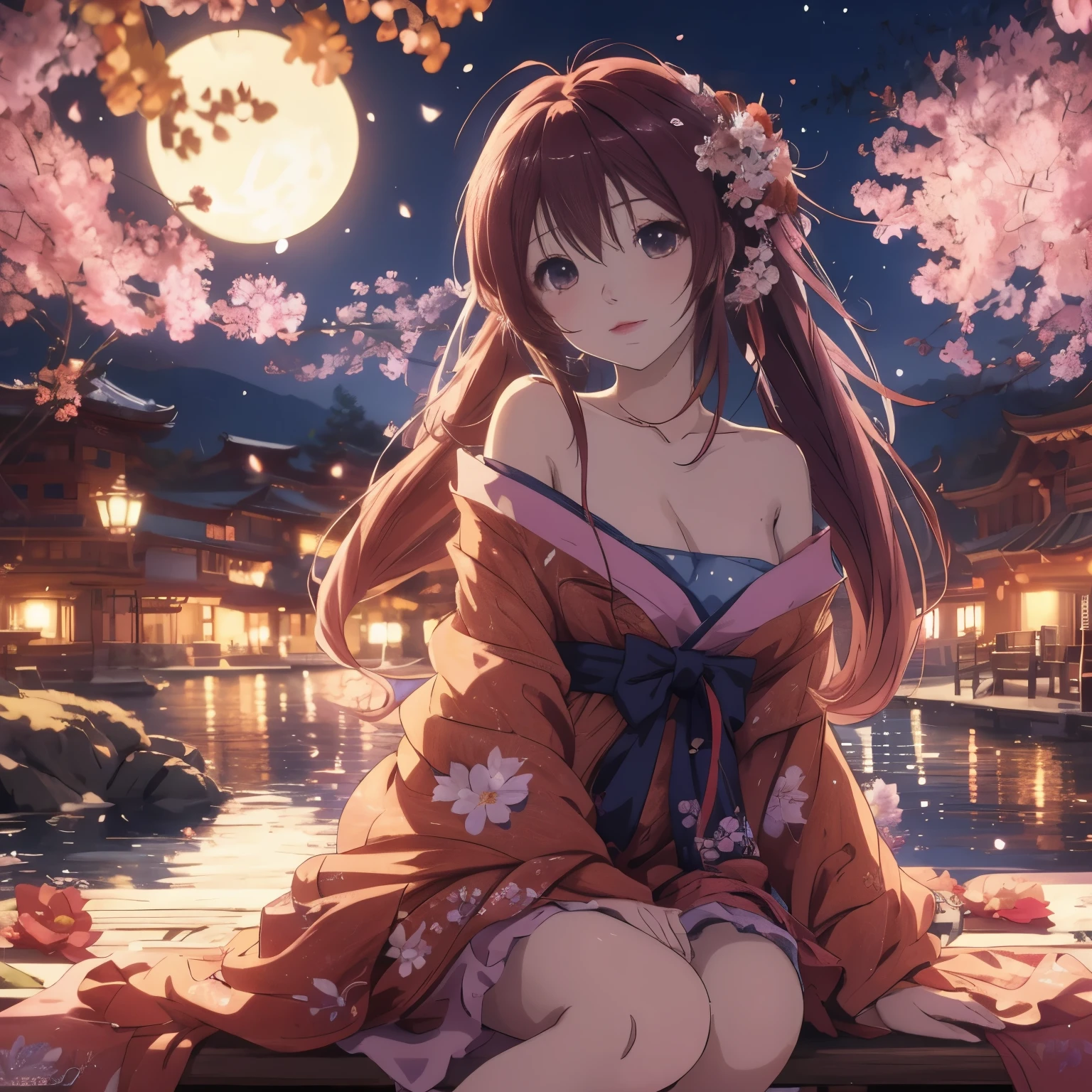 Anime girl with flowers in her hair sitting on a bench, anime style 4k, Beautiful anime girl, night nucleus, Beautiful anime, 4k anime wallpaper, anime wallpaper 4k, anime wallpaper 4k, Anime Art Wallpaper 4k, anime art wallpaper 4k, Beautiful anime woman, anime art wallpaper 8k, Cute anime waifu wearing beautiful clothes