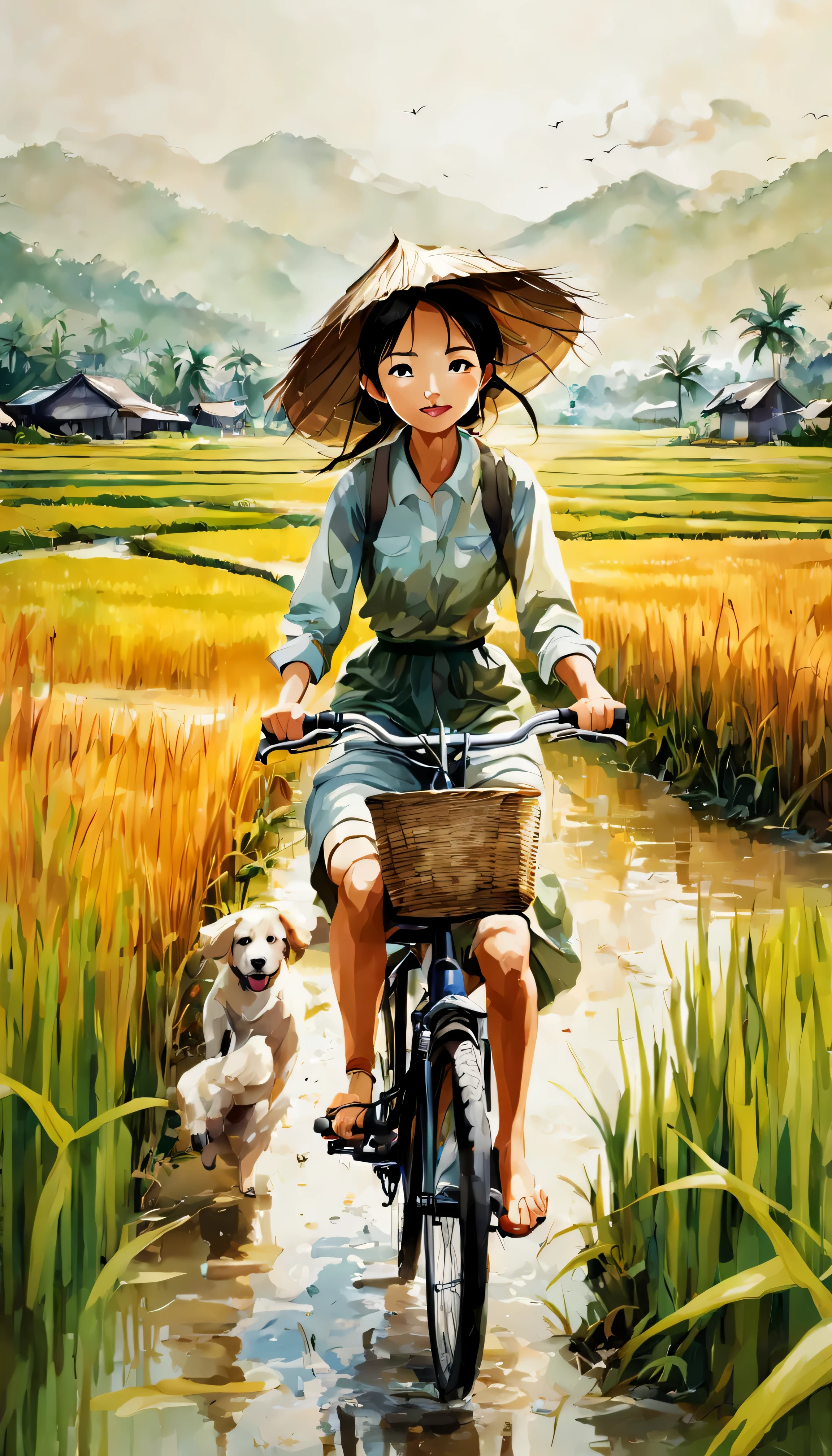 rice 稻田/稻田.風吹稻浪.田野風光.美女騎自行車迷因特寫.后面跟着一只小狗.水彩畫、Splash 技術重現潮濕環境中的泥漿氛圍、獨特的成分、抽象表徵、含有超現實元素、淺色調.淺金色配色方案、高解析度细节、墨水飛濺效果、色彩明亮清新.組成的.(最好的品質,4k,8K,高解析度,傑作:1.2),超詳細,前景有清澈飽滿的稻穗.