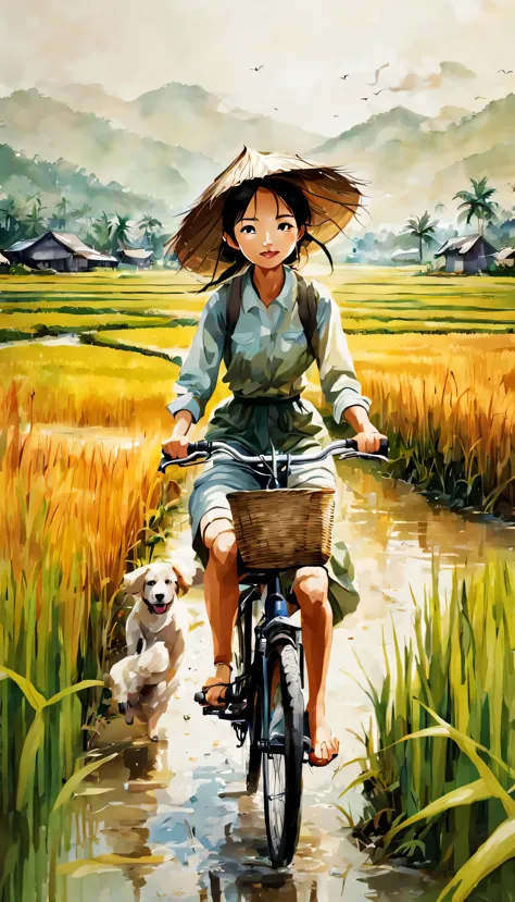 rice paddy/paddy.The wind blows the rice waves.Field scenery.Beautiful girl riding bike meme closeup.Followed by a puppy.waterco...