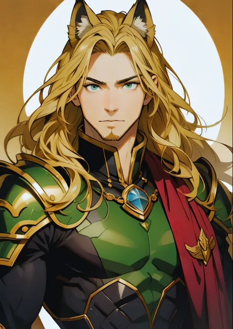 ((hirohiko araki style)), one male, lion ears, long hair, blond, blond hair, green eyes, tall, muscular, black fantasy heavy arm...