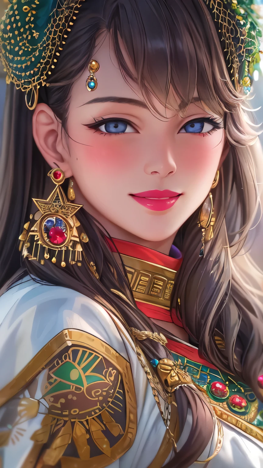 masterpiece, 4k, (Beautiful dark-haired Asian woman: 1.2), portrait, High quality art, High resolution, High resolution, in the center, symmetrical, excellent anatomy, swollen lips, smile, surprised, blush, lipstick, beautiful eyes, smooth skin, beautiful woman, jewelry, Moroccan Caftan, blue fabric with gold embroidery, (focus on upper body: 1.2), style, woman, looking at the viewer, smile,  symmetrical, in the center, close, woman, athletic, fit, tight waist, realistic body proportions, realistic, photo-realistic, 8k, very detailed, LED light, Laser Light, fruit flavored, bright, anatomically correct, symmetrical anatomy, Ulzzang-6500