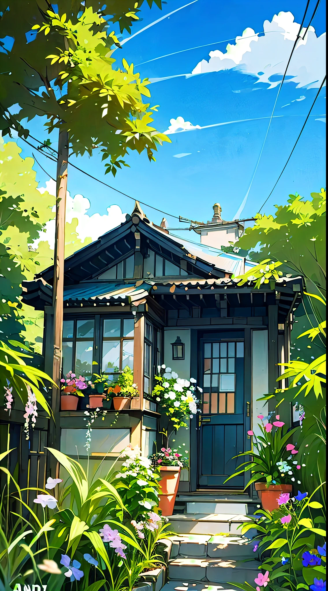 a painting of a house surrounded by plants, anime scenery, anime nature, cozy home background, beautiful anime art, beautiful anime artwork, anime nature wallpap, detailed anime art, detailed digital anime art, scenery art detailed, studio ghibli environment, by Edward Okuń, anime landscape, detailed anime artwork, beautiful anime art style, house background, clean anime art, saturated, hanging flowers, wisteria, potted plants in the balcony, gaden