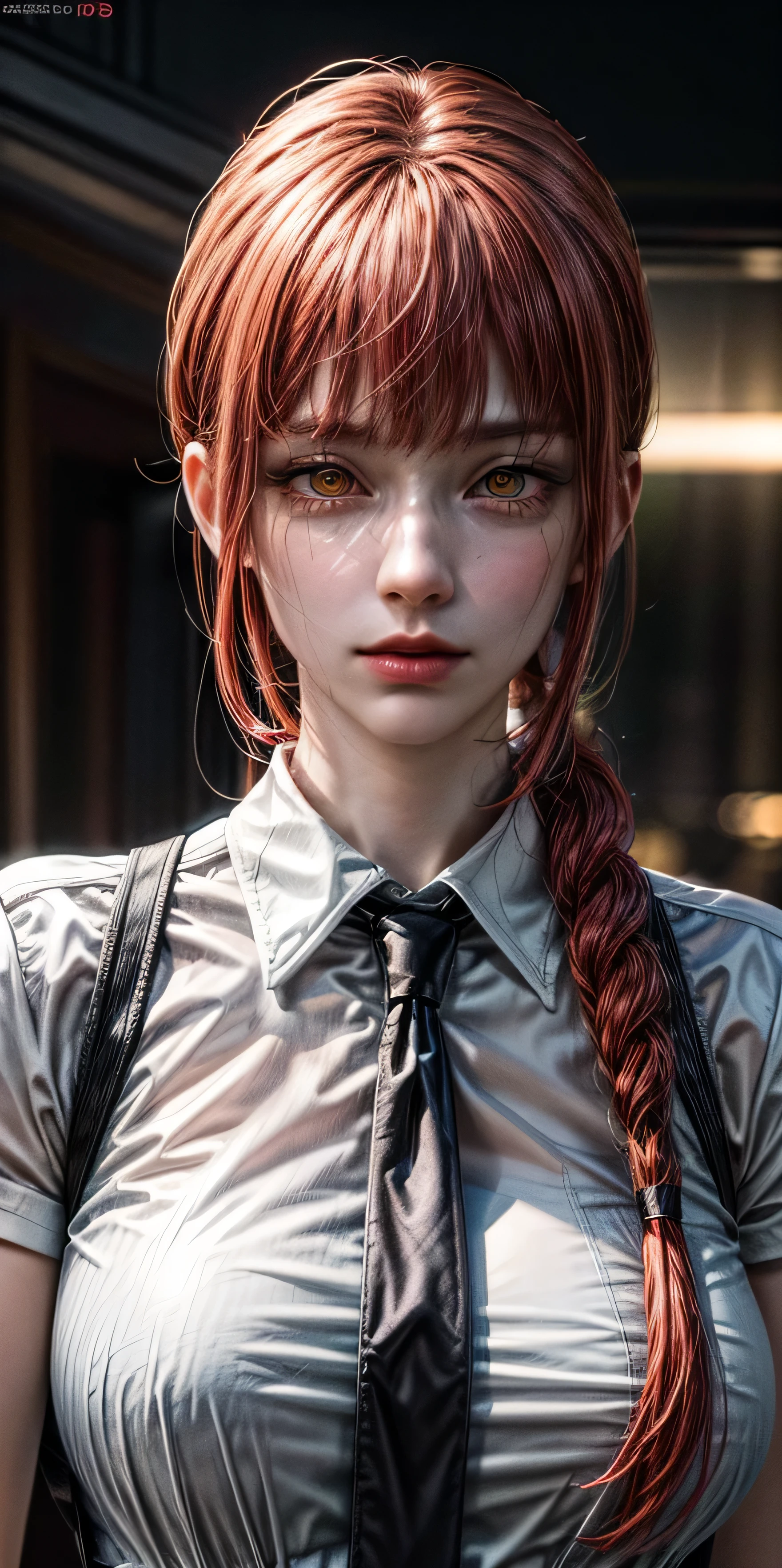 masterpiece, (photorealistic:1.4), best quality, beautiful lighting, makima \(chainsaw man\), (red hair)+(long braided hair)+(bangs), yellow eyes, golden eyes, (ringed eyes), (white shirt), (necktie),Prepare to be amazed by the astonishing level of detail in this ultra-realistic 10k high resolution artwork, where the fusion of Digital Painting, Anime Art, (masterpiece: 1.5) (photorealistic: 1.1) (bokeh) (best quality) (detailed skin texture pores hair: 1.1) (intricate) (8k) (HDR) (wallpaper) (cinematic lighting) (sharp focus )