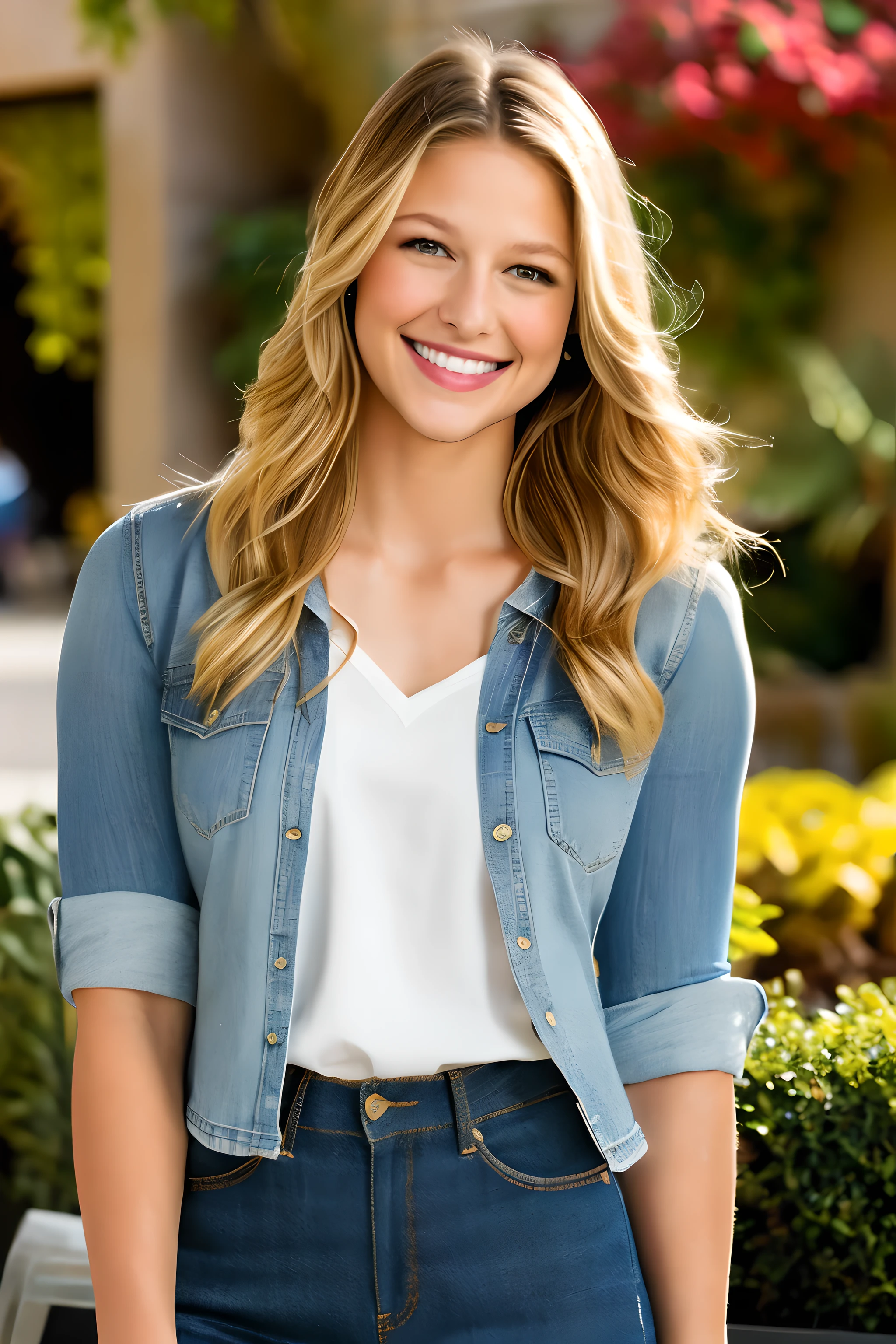 A woman in a white shirt and blue jeans posing for a picture - SeaArt AI