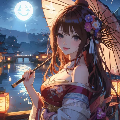 Anime girl holding an umbrella and lantern by the water at night, anime style 4 k, Anime Art Wallpaper 4k, anime art wallpaper 4...
