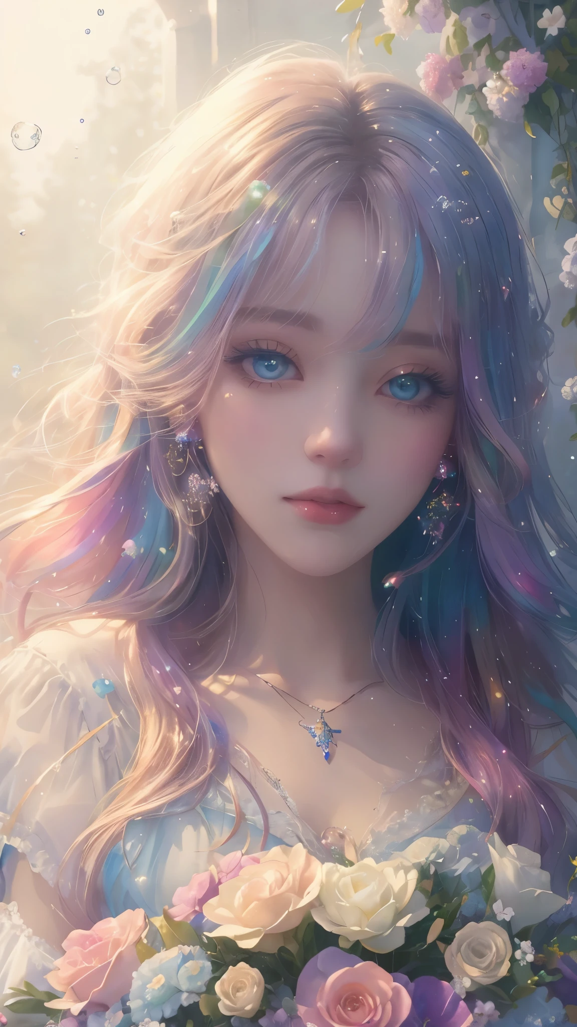 (high quality, 8k), (soft light), Rainbow-colored, one girl, detailed face, fine eyes, watercolor paiting,  so magical and dreamy, dreamy and detailed, dreamy atmosphereとドラマ, gorgeous atmosphere, fantastic beautiful lighting, dreamy atmosphere, beautiful atmosphere, dreamy romantic, fantastic dreamy theme, magical atmosphere, beautiful atmosphere, anime background art, magical atmosphere + table top, dreamy aesthetics, Beautiful details with atmosphere, lots of flowers, bubble, water, flower garden