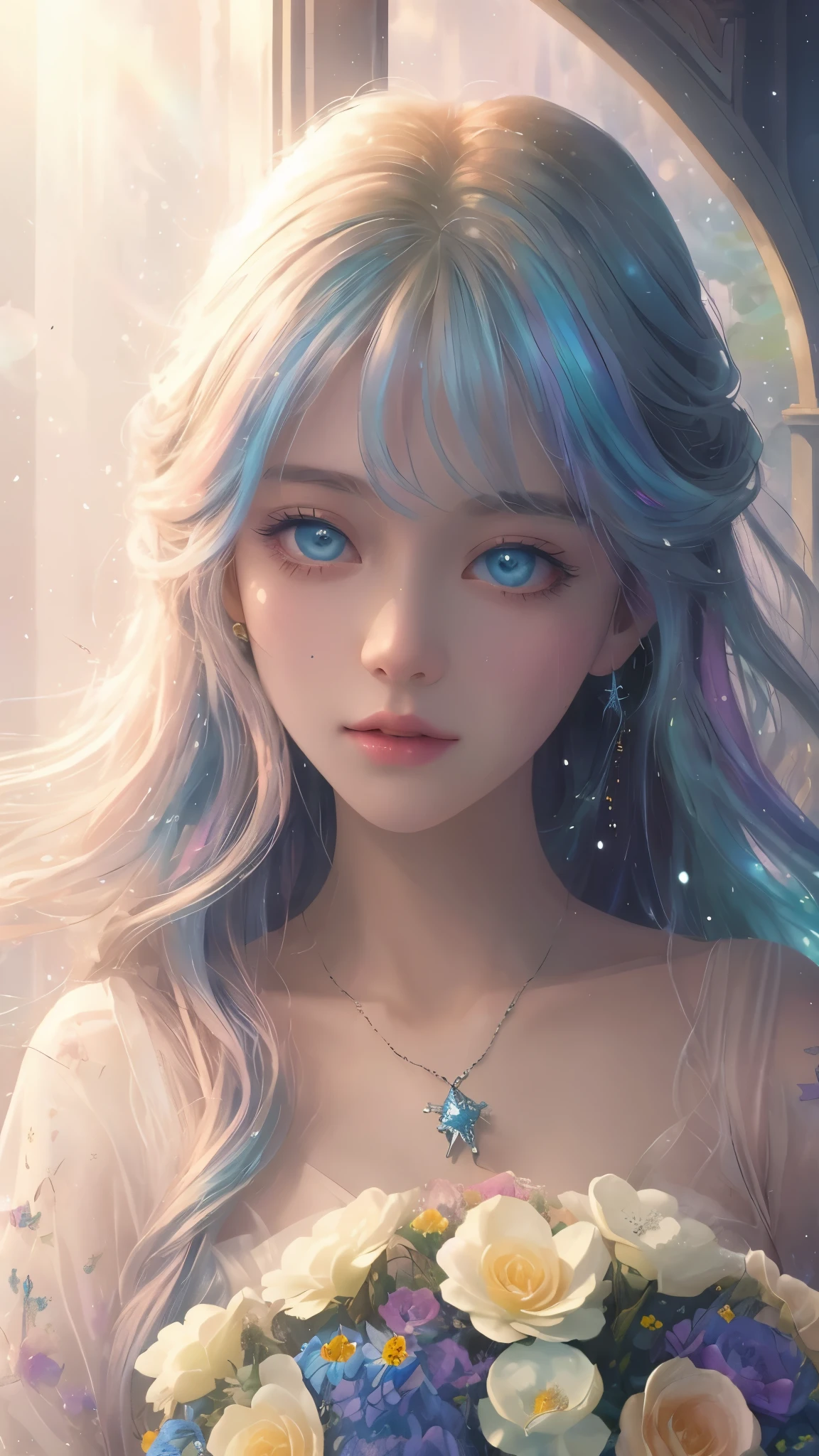 (high quality, 8k), (soft light), Rainbow-colored, one girl, detailed face, fine eyes, watercolor paiting,  so magical and dreamy, dreamy and detailed, dreamy atmosphereとドラマ, gorgeous atmosphere, fantastic beautiful lighting, dreamy atmosphere, beautiful atmosphere, dreamy romantic, fantastic dreamy theme, magical atmosphere, beautiful atmosphere, anime background art, magical atmosphere + table top, dreamy aesthetics, Beautiful details with atmosphere, lots of flowers, bubble, water, flower garden