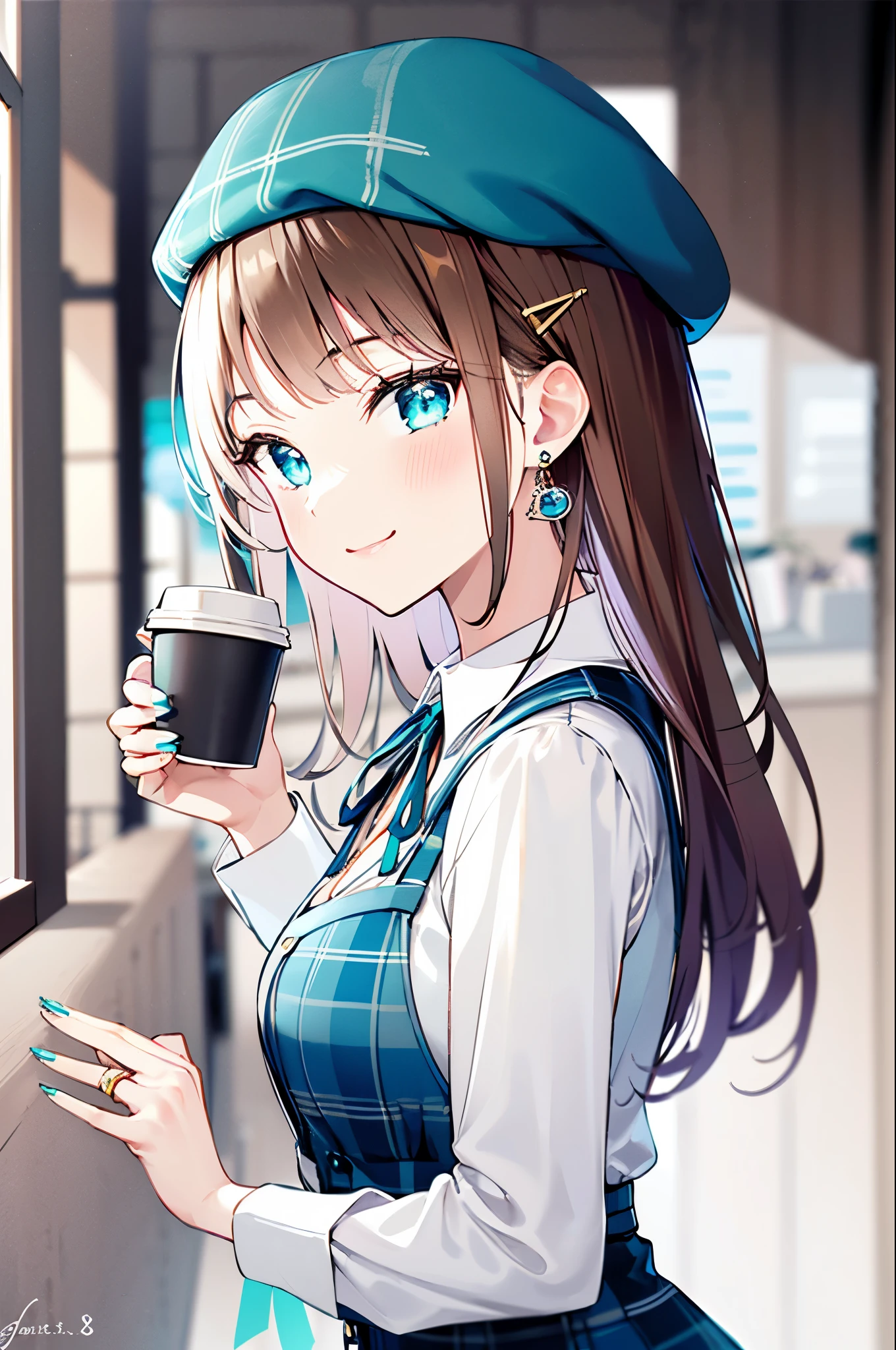 -first love, 1girl, solo, jewelry, plaid dress, looking at viewer, cup, earrings, hat, blue eyes, long hair, coffee cup, plaid, shirt, disposable cup, holding, signature, ring, hair ornament, holding cup, long sleeves, brown hair, upper body, dress, neck ribbon, ribbon, bangs, closed mouth, smile, white shirt, yellow nails, hairclip, nail polish, from side, aqua ribbon, blurry background, beret, plaid shirt, blue ribbon, blurry, brown headwear, bag, breasts, plaid headwear, bracelet