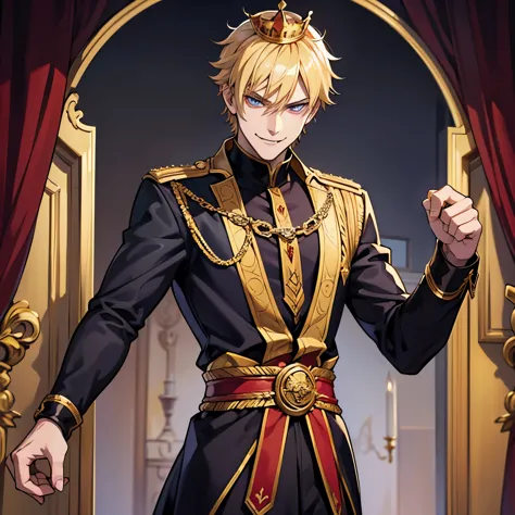 A Blonde guy, evil , anime, a prince, have an evil smile, a demon, have no feelings, have a king crown, have a fangs, an evil pr...