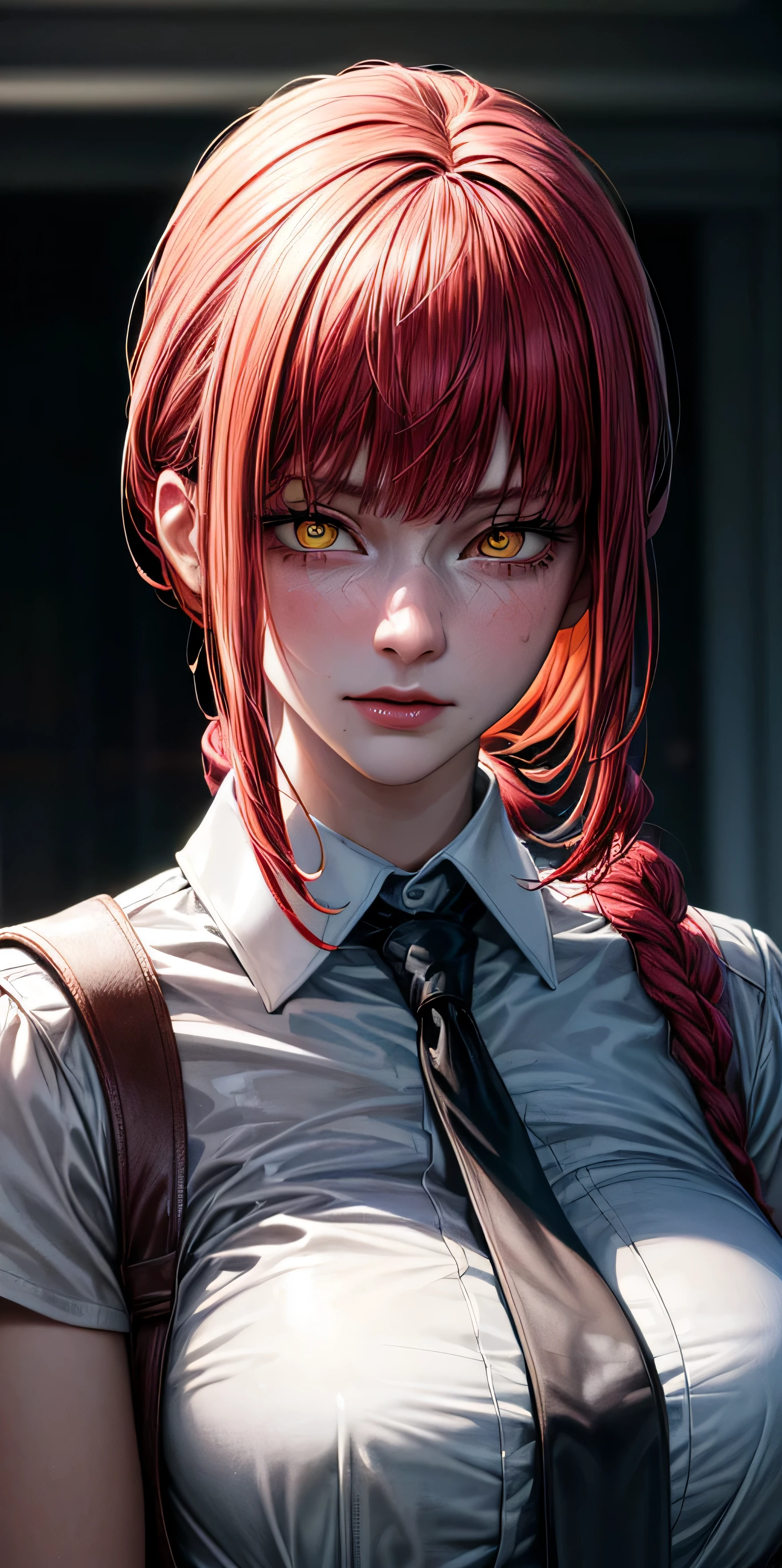 masterpiece, (photorealistic:1.4), best quality, beautiful lighting, makima \(chainsaw man\), (red hair)+(long braided hair)+(bangs), yellow eyes, golden eyes, (ringed eyes), (white shirt), (necktie),Prepare to be amazed by the astonishing level of detail in this ultra-realistic 10k high resolution artwork, where the fusion of Digital Painting, Anime Art, (masterpiece: 1.5) (photorealistic: 1.1) (bokeh) (best quality) (detailed skin texture pores hair: 1.1) (intricate) (8k) (HDR) (wallpaper) (cinematic lighting) (sharp focus )