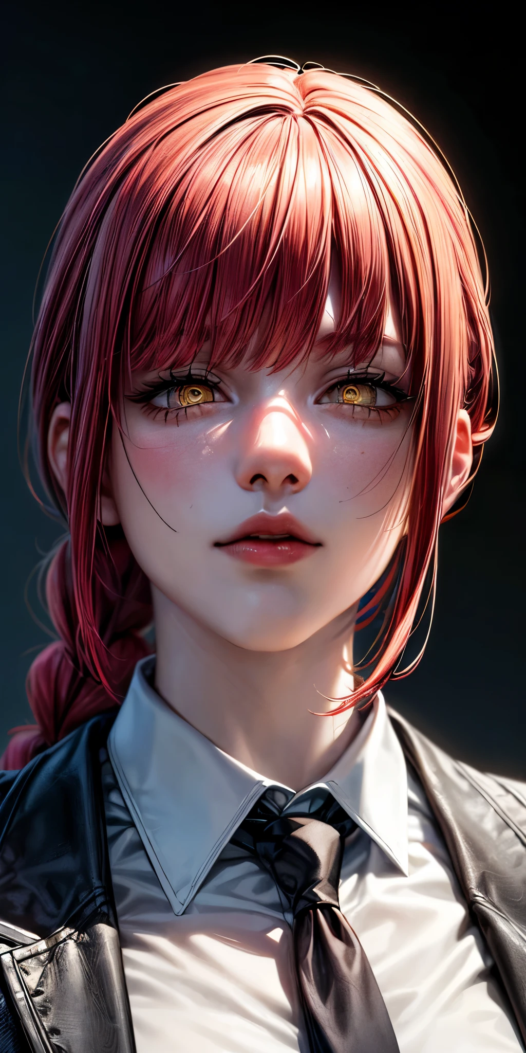 masterpiece, (photorealistic:1.4), best quality, beautiful lighting, makima \(chainsaw man\), (red hair)+(long braided hair)+(bangs), yellow eyes, golden eyes, (ringed eyes), (white shirt), (necktie),Prepare to be amazed by the astonishing level of detail in this ultra-realistic 10k high resolution artwork, where the fusion of Digital Painting, Anime Art, (masterpiece: 1.5) (photorealistic: 1.1) (bokeh) (best quality) (detailed skin texture pores hair: 1.1) (intricate) (8k) (HDR) (wallpaper) (cinematic lighting) (sharp focus )