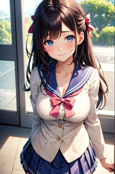 (High quality, High resolution, Fine details), sailor school uniform, colored ribbon, bowed hair, pleated skirt, double-breasted blazer, clean and crisp colors, ruffles and bows, solo, curvy women, sparkling eyes, (Detailed eyes:1.2), smile, blush, Sweat, ...