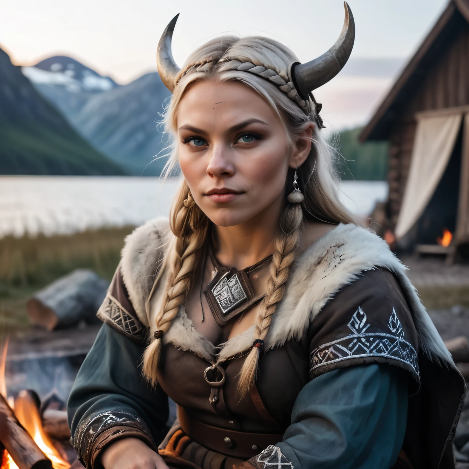 Epic closeup photo insane details of an 25 years old viking woman in a nordic outfit is sitting on a campfire , undefined