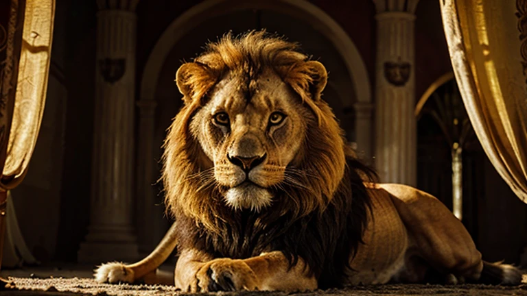 Generates an image of a majestic lion, with a golden mane and a fierce expression.