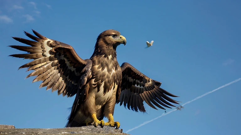 Create an image of a golden eagle, avec des ailes déployées et un regard perçant.