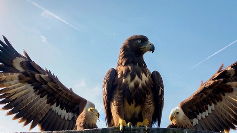Create an image of a golden eagle, avec des ailes déployées et un regard perçant.