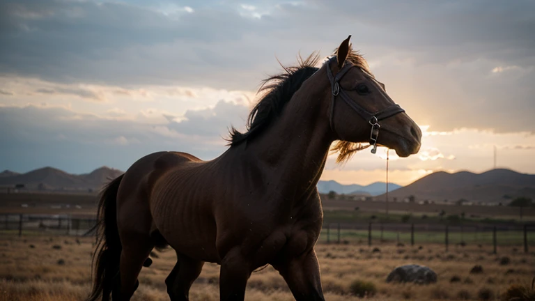 Generates an image of a wild horse, with a windy mane and a fierce expression.