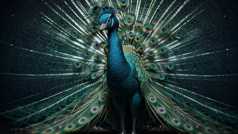  Create an image of a majestic peacock, with outstretched feathers and a proud expression.