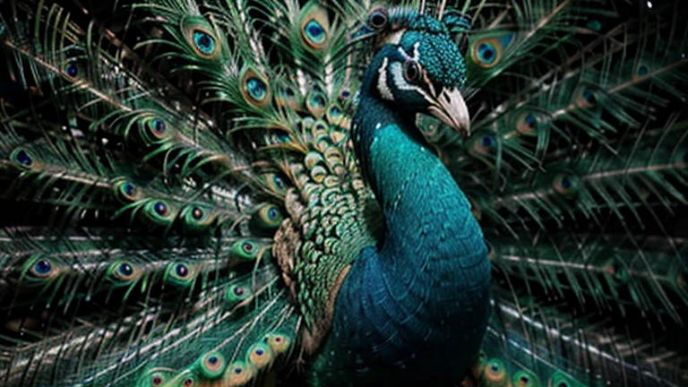  Create an image of a majestic peacock, with outstretched feathers and a proud expression.