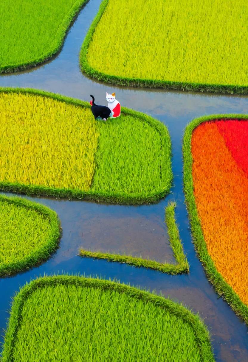 Rice paddy, colorful top view, rice field shape like a pop art cat, windy, photorealistic