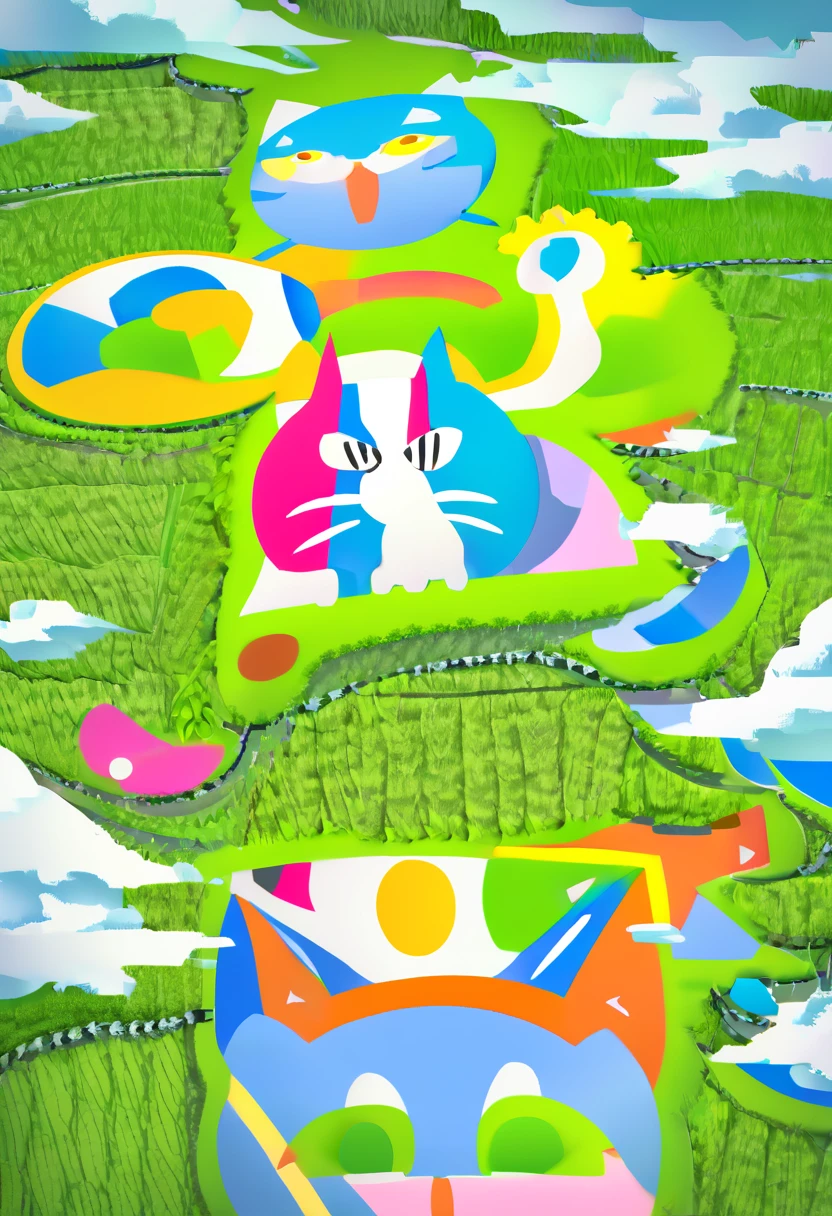 Rice paddy, colorful top view, rice field shape like a pop art cat, windy, photorealistic