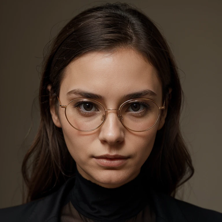 Creates an image of a serious woman, avec des lunettes sur le nez et un tailleur strict.