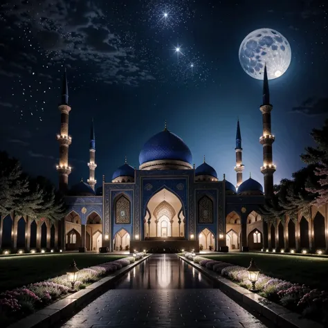 paint (stroke)+,natural scenery,colorful, (be familiar withed complex busy background: 0.8), fantasy flowers, (night:1.4), beautiful glitters, flat illustration, be familiar with, Big Blue Moon,mosque