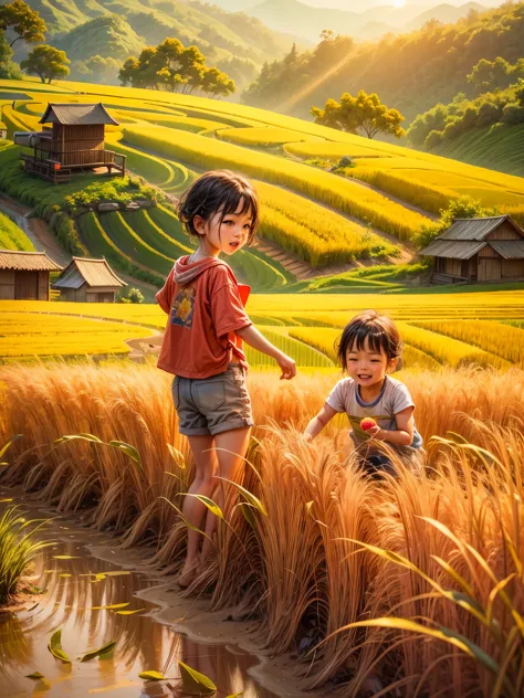 （best quality，8k，high resolution，masterpiece），Super detailed，（1.4x more realism），summer,Sunlight,beautiful toddler,golden rice f...