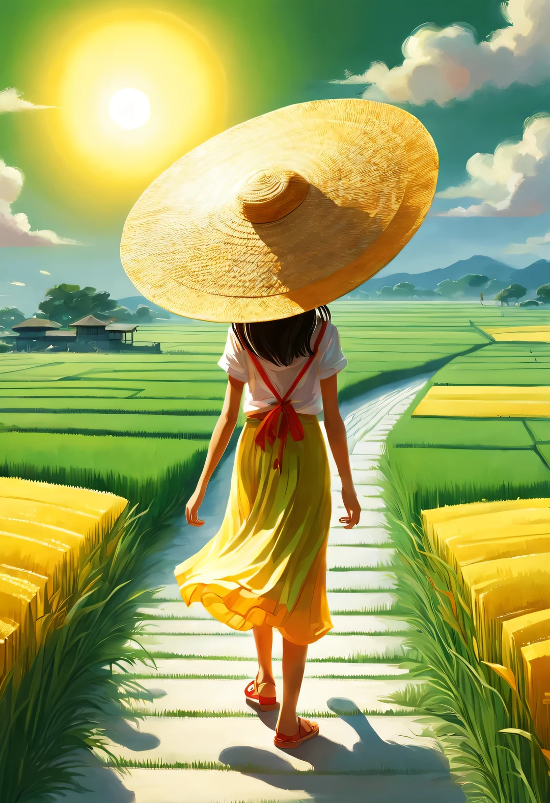 Bird&#39;s eye view digital art, Endless rice fields, green, yellow, Kaneko, curry, A little red, gradient color, path, Back view of little girl in white skirt and straw hat, breeze blows, Rice swaying in the wind, Sunlight, happy atmosphere, National Geographic National Geographic, Circles and Rings Stripes Circles and Shapes Stripes, Annie Leibovitz Annie Leibovitz,,A beautiful painting by Wassily Kandinsky,Imagined,Imaginative,Japanese cartoons,kawaii,romantic atmosphere,high detail,watercolor painting,palette knife painting,comics,artwork,Pixar style,cartoon style,Arte Guélan's artwork,Chinese painting,masterpiece,Line art,long shot,flashing light, --original style