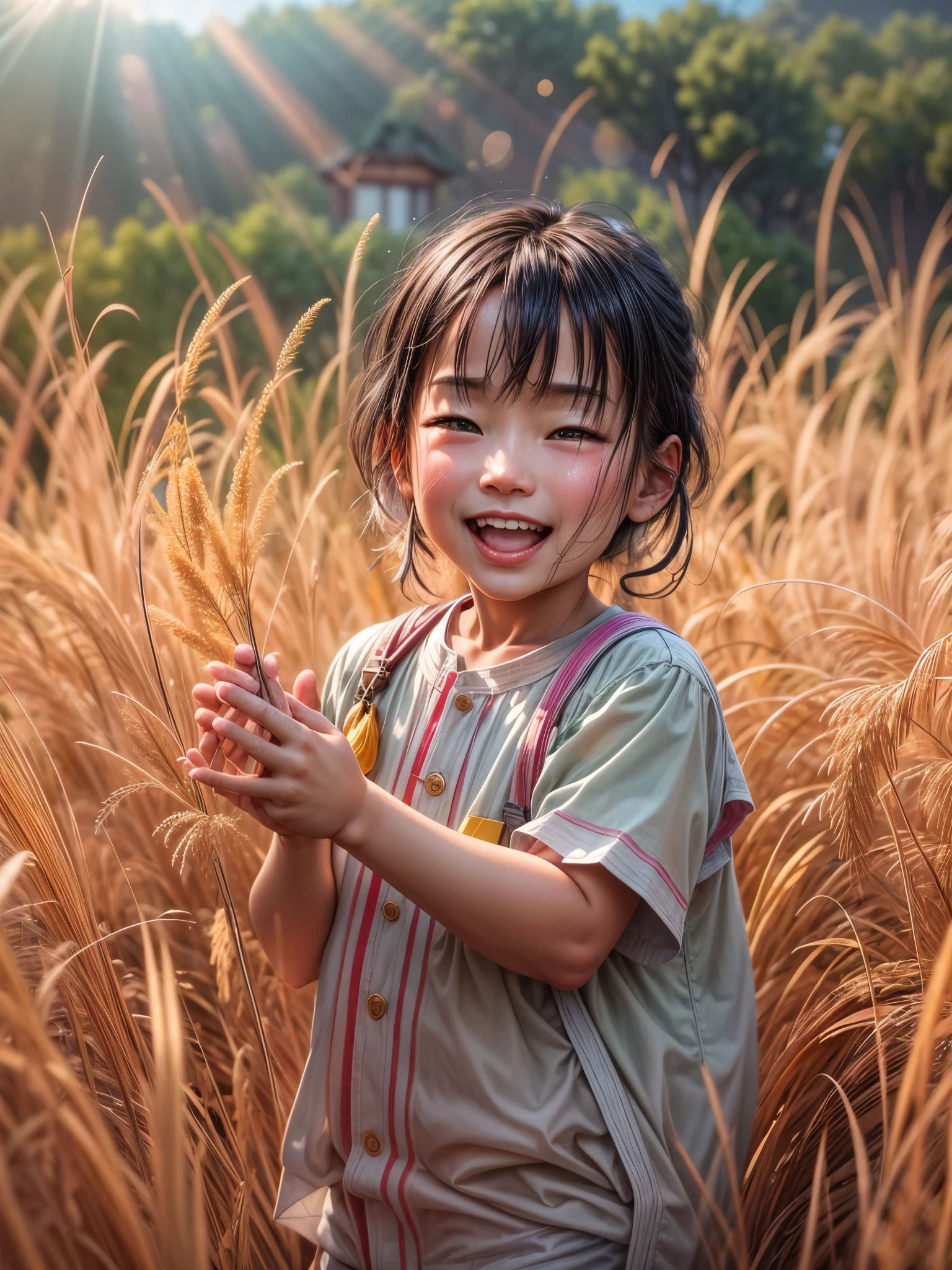 （beste Qualität，8k，Hohe Auflösung，Meisterwerk），Super detailliert，(1.4x mehr Realismus)，summer，Sonnenlicht，schöne Kinder，Geld黄的稻田，Geld，Glück，Lachende Kinder auf den Reisfeldern，Zikaden zirpen，schöne Landschaft，HDR，UHD，Studiobeleuchtung，Superfein，scharfer Fokus，Physikalisch basiertes Rendering，Extrem detaillierte Beschreibung，wesentlich，Lebendiger, farbenfroher Sonnenaufgang，friedlich，serene，Geld光，Geld色时刻，Natur，Natur美，((anatomisch korrekt))