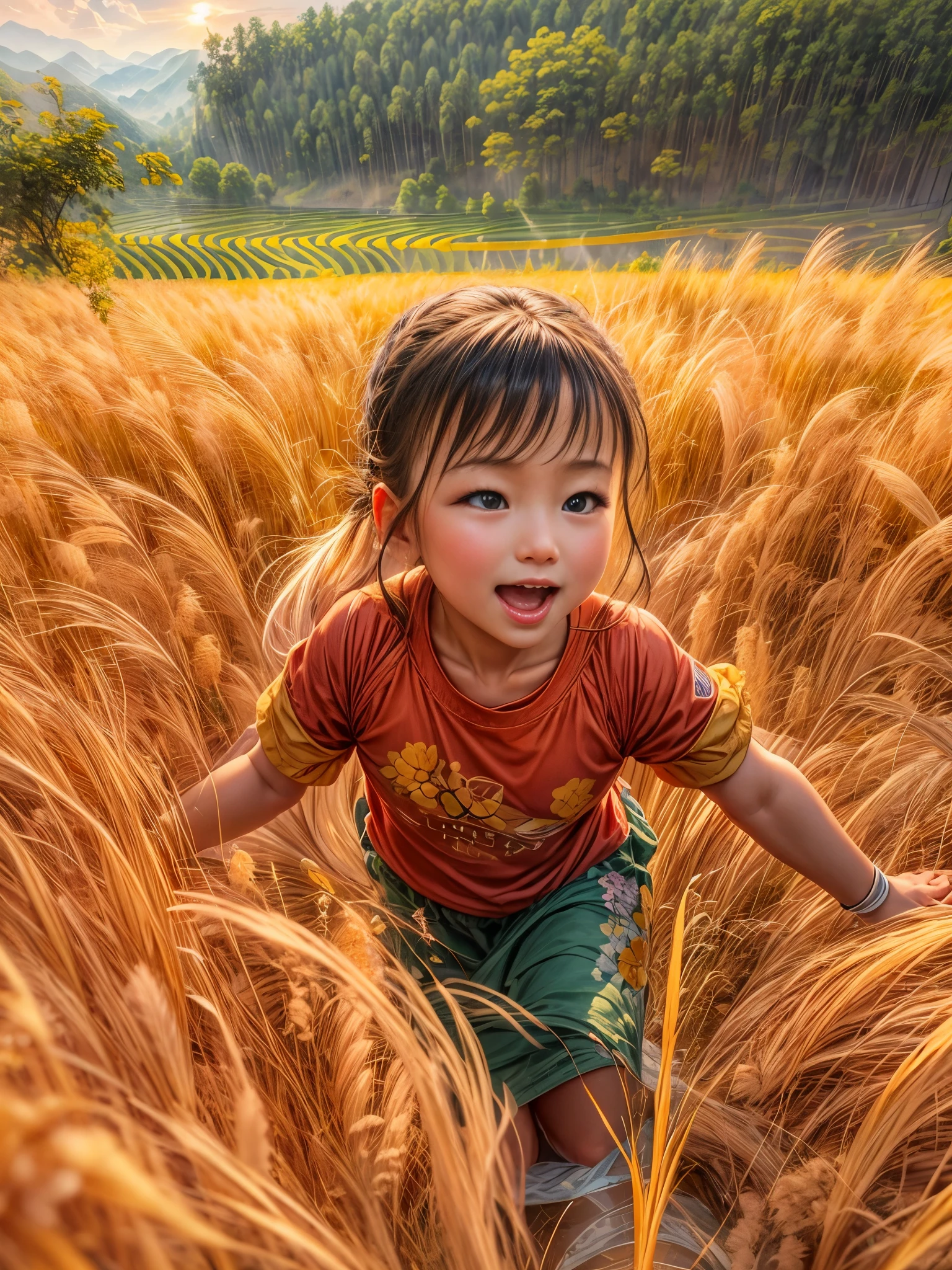 （best quality，8k，high resolution，masterpiece），Super detailed，（1.4x more realism），summer,Sunlight,beautiful toddler,golden rice fields,golden color,hapiness,children&#39;s laughter,Children playing in the rice fields,Cicada chirping,Beautiful scenery,HDR,ultra high definition,studio lighting,Super fine,sharp focus,Rendering based on real objects,Extremely detailed description,major,Bright colors,blur background,Golden sunrise,peaceful,peaceful,golden light,golden hour,nature,nature之美