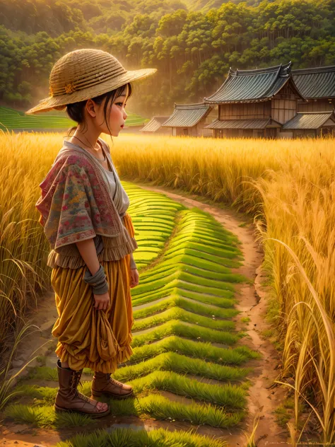 （best quality，8k，high resolution，masterpiece），super detailed，（1.4x more realism），summer,sunlight,beautiful toddler,golden rice f...