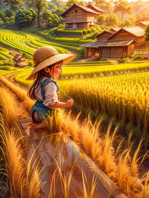 （best quality，8k，high resolution，masterpiece），super detailed，（1.4x more realism），summer,sunlight,beautiful toddler,golden rice f...