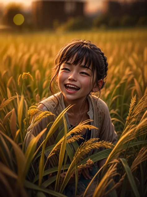 （best quality，8k，high resolution，masterpiece），Super detailed，（1.4x more realism），sunset, summer, golden rice fields, children pl...