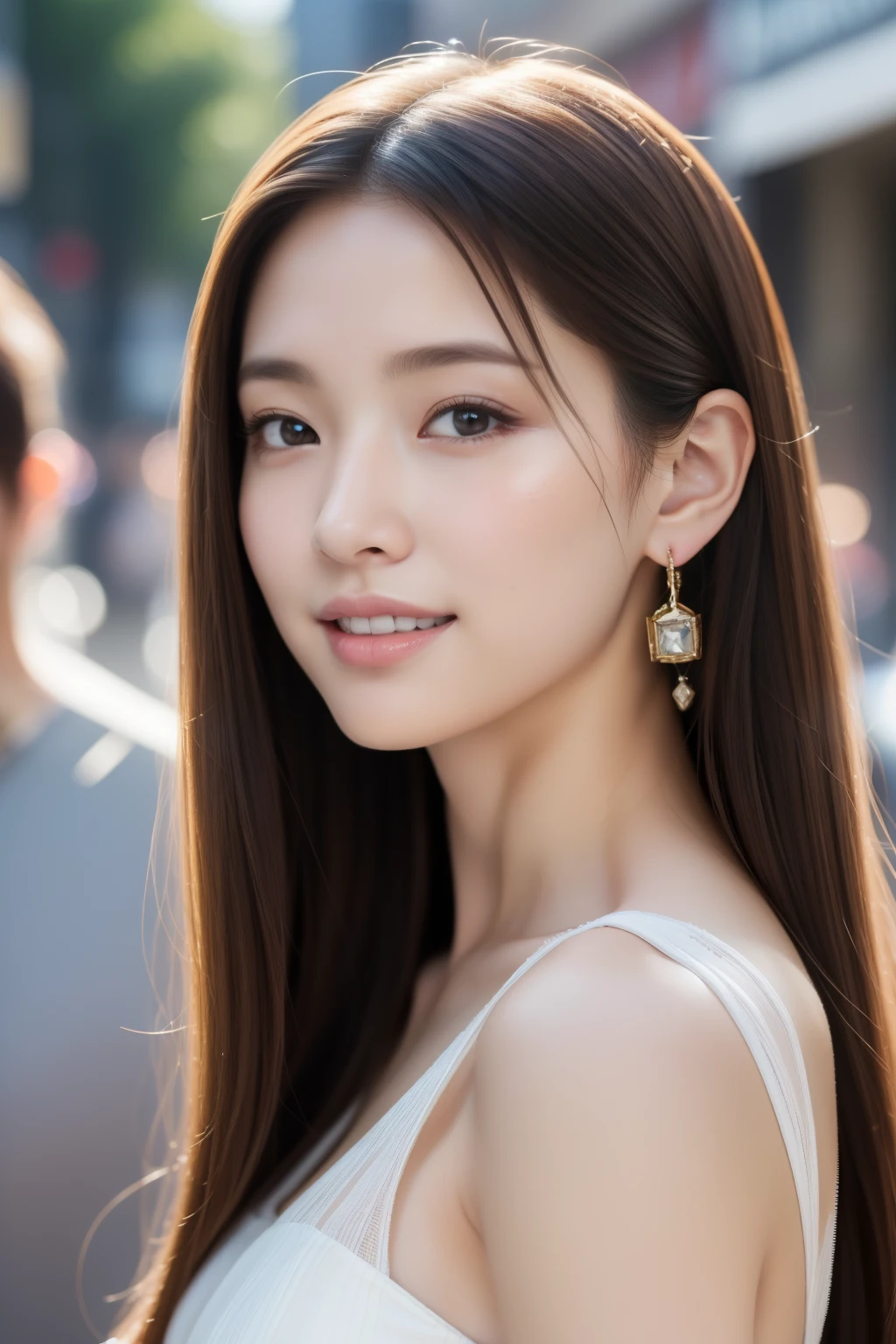 (8k、Raw photo、highest quality、Masseter muscle part:1.2)、super detailed、super resolution、(realistic、realistic pictures:1.37)、Portrait、High-definition RAW color photo、professional photography、hvery detailed and beautiful、very detailed、8k Wallpapers、amazingly detailed、huge file size、official art、Hvery detailed CG Unity 8k wallpapers、hvery detailed beautiful girl、very detailed顔、very detailed目、very detailed肌、very fine fingers、hvery detailed nose、very detailed詳細な口、perfect anatomy、hvery detailed back ground、Hvery detailed clothing、1 girl、(18:1.2)、teen、cute、famous japanese idol、cute、realistic body、、white skin、glowing skin、Because I&#39;m slender、handsome body、brown haired、straight long、laughter、cute、Zora々right、cute faces、lifelike face、delicate eyes、ordering sauce、one piece、earrings、looking at camera、cowboy shot、positive、Are standing、contrapo, high street, public, dynamic lighting,