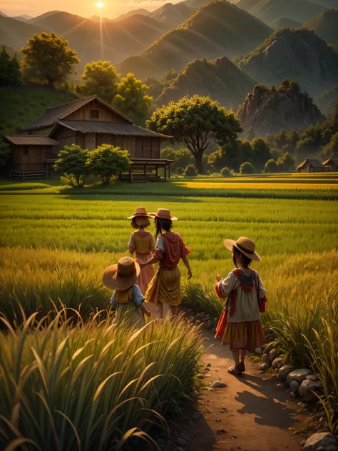 （best quality，8k，high resolution，masterpiece），Super detailed，（1.4x more realism），sunset, summer, golden rice fields, children pl...