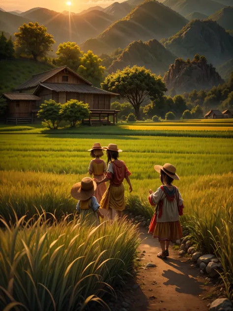 （best quality，8k，high resolution，masterpiece），super detailed，（1.4x more realism），sunset, summer, golden rice fields, children pl...