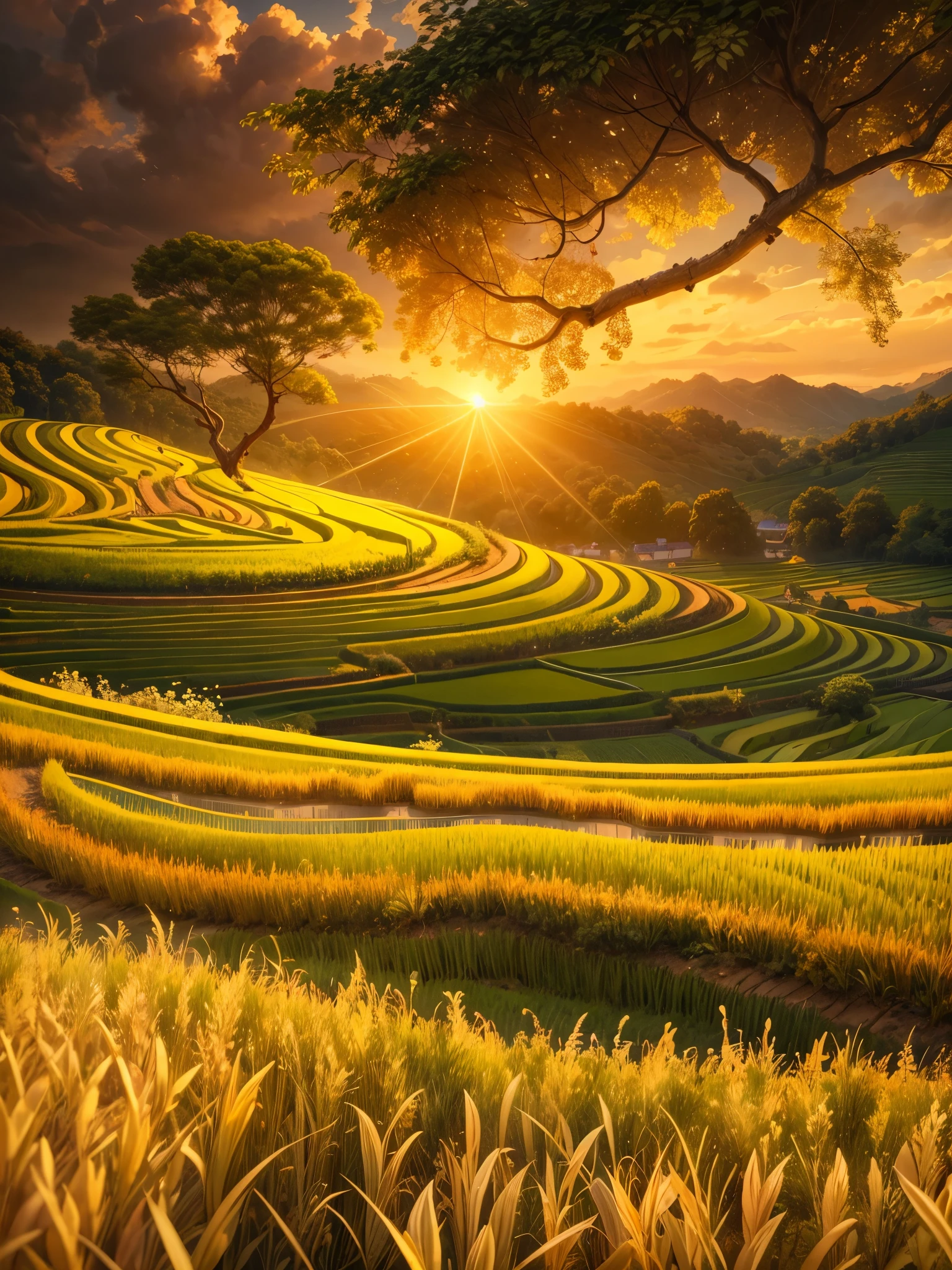 （best quality，8k，high resolution，masterpiece），Super detailed，（1.4x more realism），summer,Sunlight,beautiful toddler,golden rice fields,golden color,hapiness,children&#39;s laughter,Children playing in the rice fields,Cicada chirping,Beautiful scenery,HDR,ultra high definition,studio lighting,Super fine,sharp focus,Rendering based on real objects,Extremely detailed description,major,Bright colors,blur background,Golden sunrise,peaceful,peaceful,golden light,golden hour,nature,nature之美