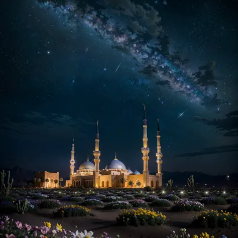 paint (stroke)+,natural scenery,colorful, (detaileded complex busy background: 0.8), fantasy flowers, (night:1.4), beautiful glitters, desert, detailed, Big Blue Moon,mosque,Milky Way,green