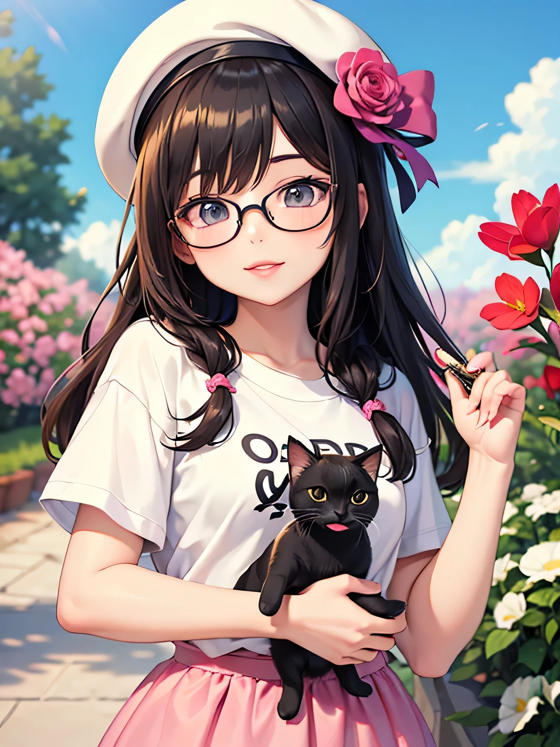 The most lovely girl with stylish design, lips in love, Fashionable hats, fashionable glasses, stylish t-shirts, Holding a kitten., beautiful flower, Colorful Hearts, highest quality